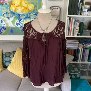 MUDD Boho Lace Tie Blouse Shirt S Crinkle Cotton Blend Maroon Dressy VGUC